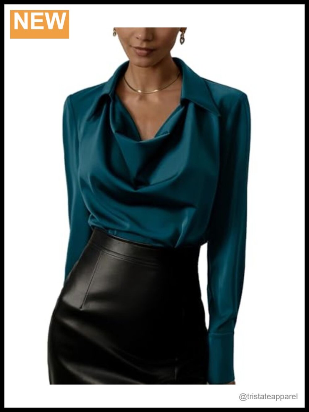 Women's Satin Cowl Neck Long Sleeve Ruched Blouse Office Top